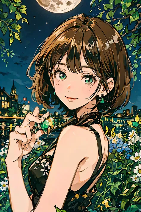 A full moon full of screens,Upper body angle, Attractive Expressions, beautiful woman's cool eyes, Smile Yan,Flickering brown hair 、 emerald green, Clear night sky , bob cut, hyperrealism, European black elegant dress,Play with black swallowtail