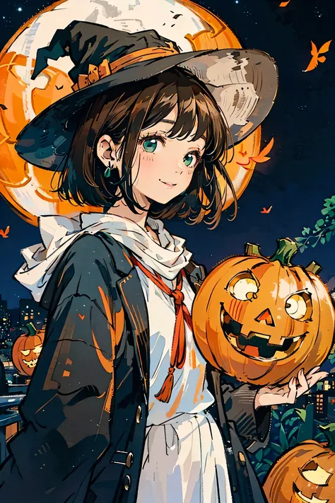 Full moon background,Upper body angle, Attractive Expressions, beautiful woman's cool eyes, Smile Yan, brown hair fluttering in the wind 、 emerald green, Clear night sky , bob cut,hyperrealism,wear a witch hat, I have a jack-o-lantern