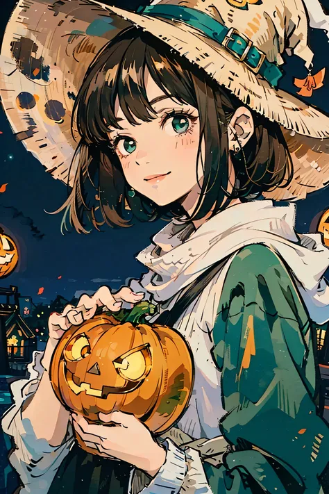Full moon background,Upper body angle, Attractive Expressions, beautiful woman's cool eyes, Smile Yan, brown hair fluttering in the wind 、 emerald green, Clear night sky , bob cut,hyperrealism,wear a witch hat, I have a jack-o-lantern