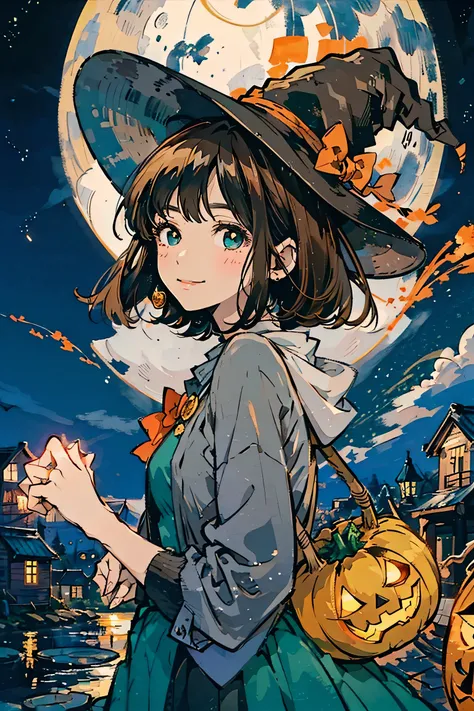 Full moon background,Upper body angle, Attractive Expressions, beautiful woman's cool eyes, Smile Yan, brown hair fluttering in the wind 、 emerald green, Clear night sky , bob cut,hyperrealism,wear a witch hat, I have a jack-o-lantern