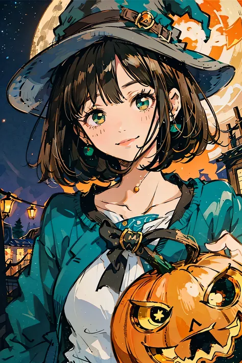 Full moon background,Upper body angle, Attractive Expressions, beautiful woman's cool eyes, Smile Yan, brown hair fluttering in the wind 、 emerald green, Clear night sky , bob cut,hyperrealism,wear a witch hat, I have a jack-o-lantern