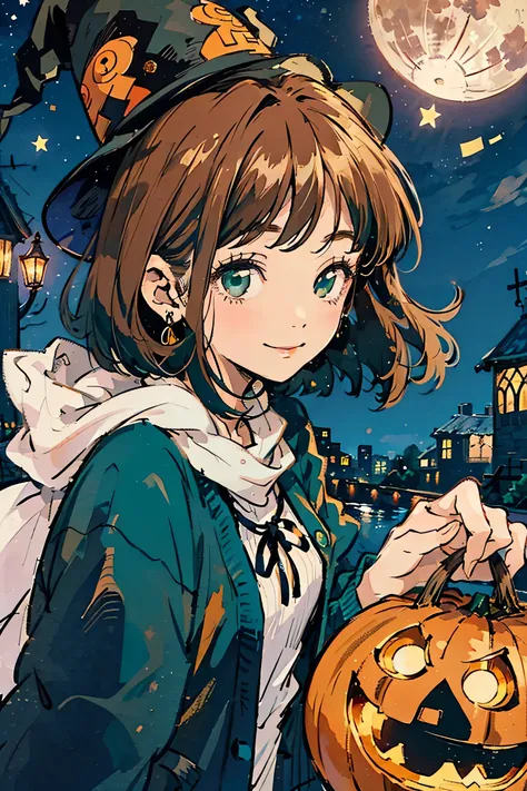 Full moon background,Upper body angle, Attractive Expressions, beautiful woman's cool eyes, Smile Yan, brown hair fluttering in the wind 、 emerald green, Clear night sky , bob cut,hyperrealism,wear a witch hat, I have a jack-o-lantern