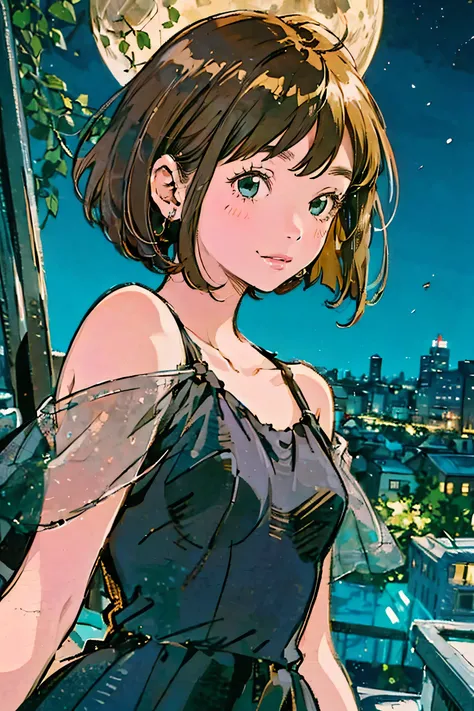 A full moon full of screens,Upper body angle, Attractive Expressions, beautiful woman's cool eyes, Smile Yan,Flickering brown hair 、 emerald green, Clear night sky , bob cut, hyperrealism, European black elegant dress,Play with black swallowtail