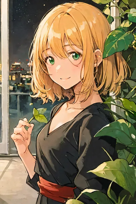 A full moon full of screens,Upper body angle, Attractive Expressions, beautiful woman's cool eyes, Smile Yan,Flickering brown hair 、 emerald green, Clear night sky , bob cut, hyperrealism, European black elegant dress,Play with black swallowtail