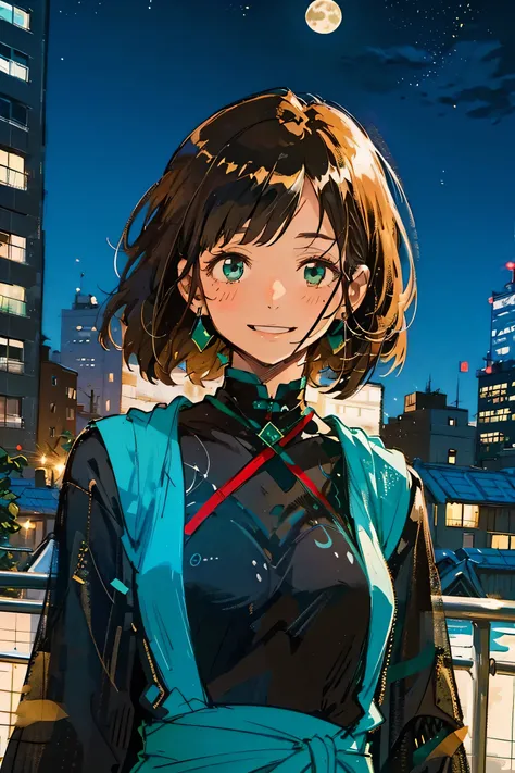 A full moon full of screens,Upper body angle, Attractive Expressions, beautiful woman's cool eyes, Smile Yan,Flickering brown hair 、 emerald green, Clear night sky , bob cut, hyperrealism, European black elegant dress,Play with black swallowtail