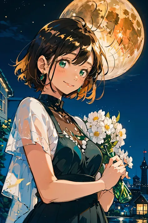 A full moon full of screens,Upper body angle, Attractive Expressions, beautiful woman's cool eyes, Smile Yan,Flickering brown hair 、 emerald green, Clear night sky , bob cut, hyperrealism, European black elegant dress,Play with black swallowtail