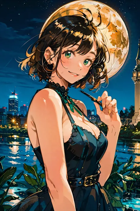 A full moon full of screens,Upper body angle, Attractive Expressions, beautiful woman's cool eyes, Smile Yan,Flickering brown hair 、 emerald green, Clear night sky , bob cut, hyperrealism, European black elegant dress,Play with black swallowtail