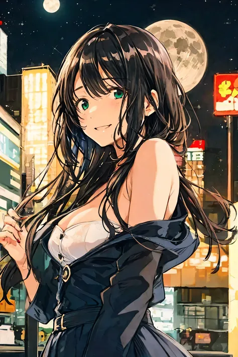 A full moon full of screens,Upper body angle, Attractive Expressions, beautiful woman's cool eyes, Smile Yan,Flickering brown hair 、 emerald green, Clear night sky , bob cut, hyperrealism, European black elegant dress,Play with black swallowtail