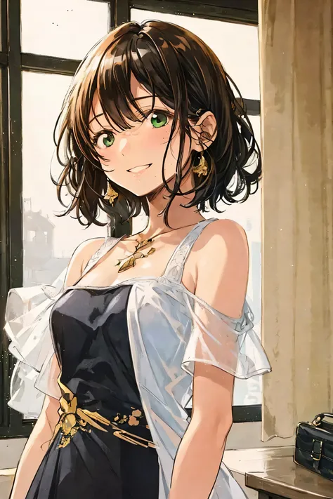 A full moon full of screens,Upper body angle, Attractive Expressions, beautiful woman's cool eyes, Smile Yan,Flickering brown hair 、 emerald green, Clear night sky , bob cut, hyperrealism, European black elegant dress,Play with black swallowtail