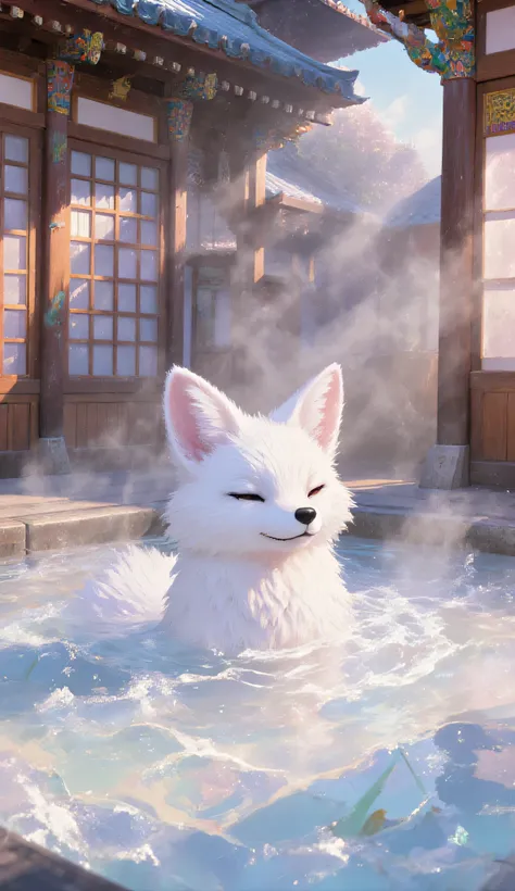 Public bath、fox、白いfox、Soak in the bathtub and stick out only your neck、anime style