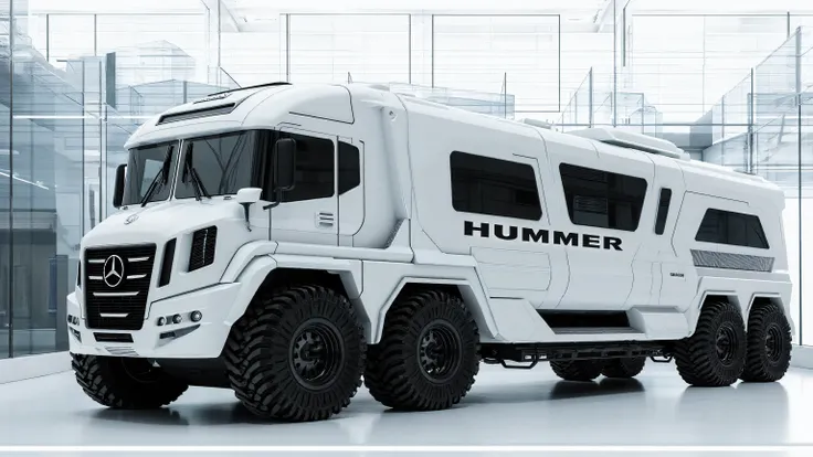 armored vehicle,A futuristic luxury expedition motorhome with a massive, rugged design and six oversized off-road wheels. The vehicle has a bold, angular body painted in sleek matte white, featuring sharp geometric lines and embedded panels that give it an...