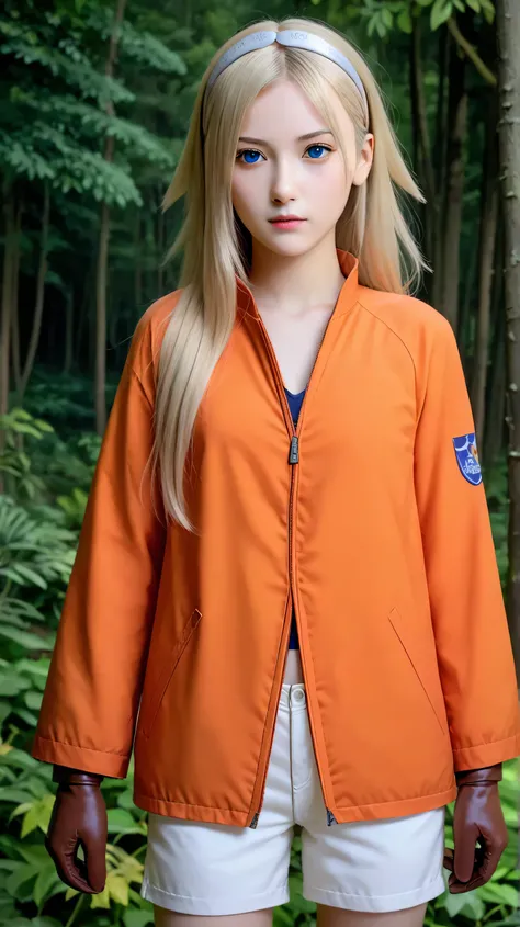 Masterpiece, best quality, 8k, ultra high resolution, photorealistic, cinematic composition.1girl, solo,hikari uchiha,blonde hair,(long hair:1.4),outdoors,potrait,small breast,blue eyes,(standing still:1.5),(front view), looking at viewer,(rainforest backg...