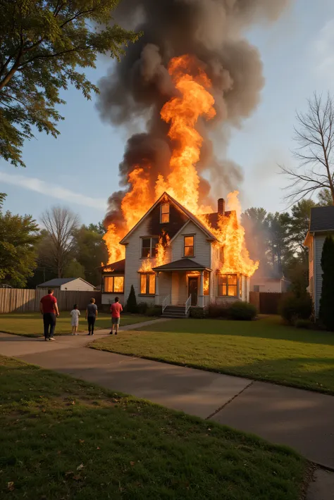 Saturday morning. A house on fire in a residential neighborhood. The house is completely engulfed in flames, the family waits outside watching it burn down, neighbors stand outside watching ot burn too. Clear sunny day, sky full of smoke. Ultra-realistic, ...