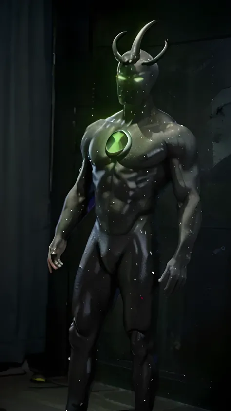 alien x,epiCPhotoGasm-colorfulPhoto, Photorealistic full-body portrait of Alien X, reimagined as a real humanoid cosmic entity. Tall, muscular, statuesque figure with defined anatomy, standing in a heroic pose under dramatic studio lighting. Skin appears l...