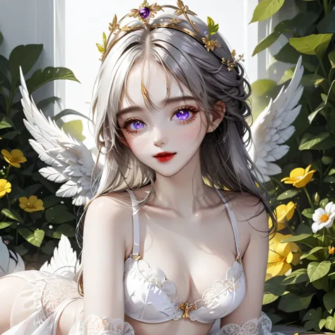 ((Top quality, 8K, best quality, masterpiece, ultra realistic)), ((Beautiful angel with odd eyes)), ((Heterochromia, golden eyes, silver eyes)), ((Sparkling and detailed eyes)), (Very precise eyes), (Long hair with a mixture of platinum and purple), Prince...