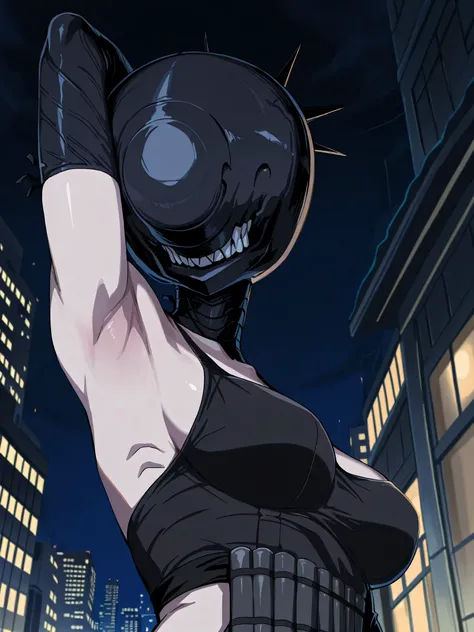 masterpiece, best quality, amazing quality, anime screencap, anime coloring, 1girl, solo, bomb devil, no eyes, sharp teeth, black elbow gloves, black apron, arm behind head, armpit, armpit focus, head towards viewer, outdoors, night, city, from side, from ...