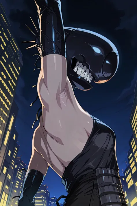 masterpiece, best quality, amazing quality, anime screencap, anime coloring, 1girl, solo, bomb devil, no eyes, sharp teeth, black elbow gloves, black apron, arm up, raised arm, armpit, armpit focus, head towards viewer, outdoors, night, city, from side, fr...