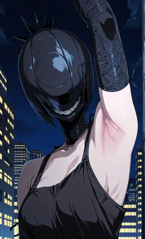 masterpiece, best quality, amazing quality, anime screencap, anime coloring, 1girl, solo, bomb devil, no eyes, sharp teeth, black elbow gloves, black apron, arm up, raised arm, armpit, armpit focus, head towards viewer, outdoors, night, city