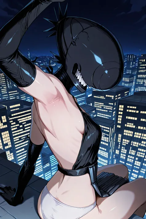 masterpiece, best quality, amazing quality, anime screencap, anime coloring, 1girl, solo, bomb devil, no eyes, sharp teeth, black elbow gloves, black apron, arm up, raised arm, armpit, armpit focus, head towards viewer, outdoors, night, city, from side, fr...
