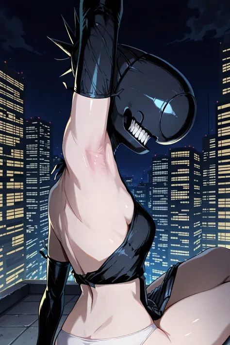 masterpiece, best quality, amazing quality, anime screencap, anime coloring, 1girl, solo, bomb devil, no eyes, sharp teeth, black elbow gloves, black apron, arm up, raised arm, armpit, armpit focus, head towards viewer, outdoors, night, city, from side, fr...
