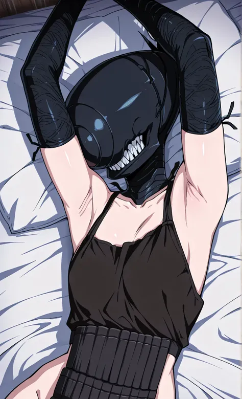 masterpiece, best quality, amazing quality, anime screencap, anime coloring, 1girl, solo, bomb devil, no eyes, sharp teeth, black elbow gloves, black apron, arms up, raised arms, armpit, armpit focus, head towards viewer, lying in bed