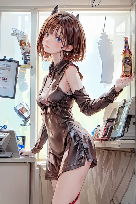 Convenience store in hell, Opening in the middle of the night, what lines up at the cash register are shadows that don't exist during the day, Satanic, clerk at a small liquor store has drunk, inhuman strange customer, hellish atmosphere, Vivid Color, Sad ...