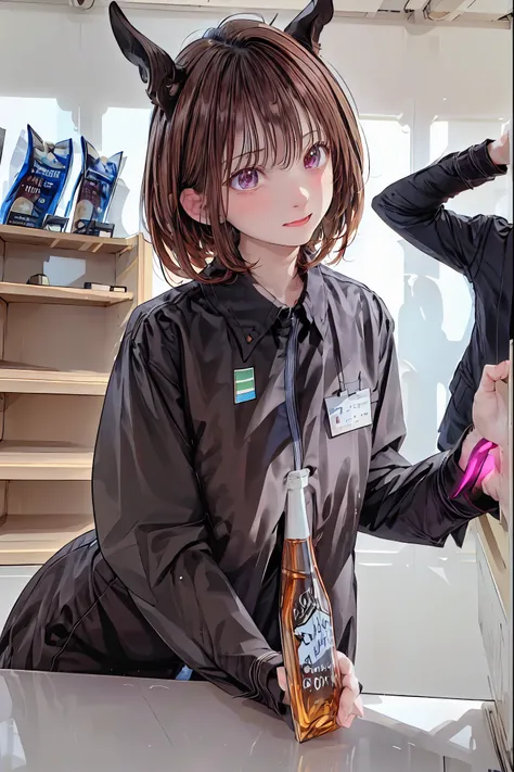 Convenience store in hell, Opening in the middle of the night, what lines up at the cash register are shadows that don't exist during the day, Satanic, clerk at a small liquor store has drunk, inhuman strange customer, hellish atmosphere, Vivid Color, Sad ...