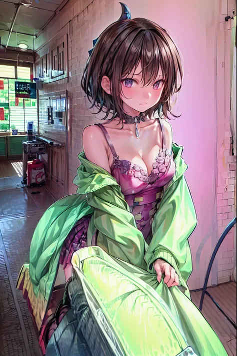 Convenience store in hell, Opening in the middle of the night, what lines up at the cash register are shadows that don't exist during the day, Satanic, clerk at a small liquor store has drunk, inhuman strange customer, hellish atmosphere, Vivid Color, Sad ...