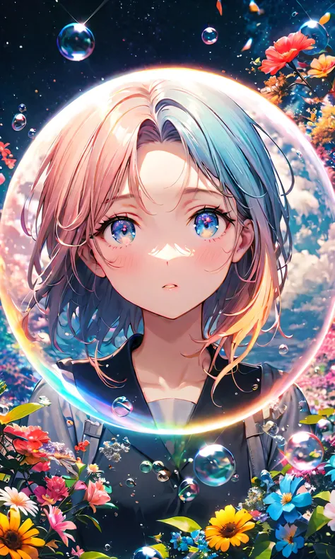 (Woman\(student, 20 years old, JK, Extremely elaborate CG unit wallpaper, Space-colored eyes, Black School Uniforms , My skin is white) Look Up at the Sky), (large glass-colored whale is swimming through the air), beautiful sky, beautiful clouds, colorfu...
