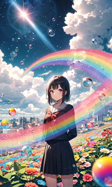 (Woman\(student, 20 years old, JK, Extremely elaborate CG unit wallpaper, Space-colored eyes, Black School Uniforms , My skin is white) Look Up at the Sky), (large glass-colored whale is swimming through the air), beautiful sky, beautiful clouds, colorfu...