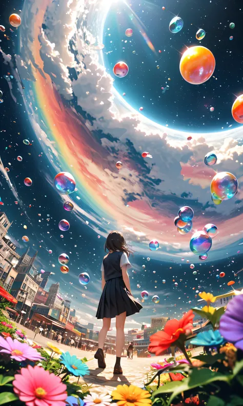 best quality, (Woman\(female student, Extremely elaborate CG unit wallpaper, Space-colored eyes, Black School Uniforms , My skin is white) Look Up at the Sky), (large glass-colored whale is swimming through the air), beautiful sky, beautiful clouds, colo...