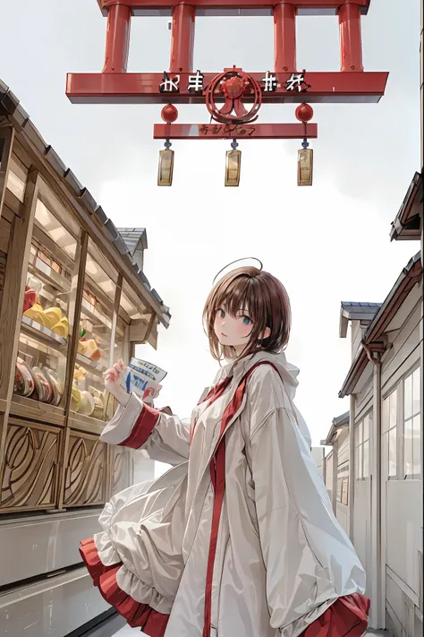 a young shrine maiden with long dark hair is working hard at the、the gentle and fantastic blue flame flickers「Jigoku convenience store」cash register。shelves filled with magatama-shaped glowing sweets、bill、Amulets、, etc.、Japanese mythological elements are n...