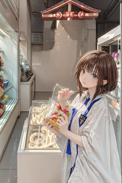 a young shrine maiden with long dark hair is working hard at the、the gentle and fantastic blue flame flickers「Jigoku convenience store」cash register。shelves filled with magatama-shaped glowing sweets、bill、Amulets、, etc.、Japanese mythological elements are n...