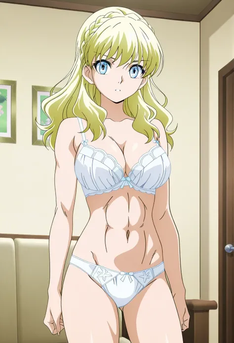 score 9、score 8 up、score 7 up、source anime、傑作、best quality、best resolution、best image quality、anime coloring、1girl、mii、anime character with a white bra and white panty、solo、blonde hair、long hair、blue eyes、french braid、crown braid、Quiet Laughter、white under...