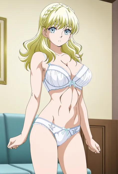 score 9、score 8 up、score 7 up、source anime、傑作、best quality、best resolution、best image quality、anime coloring、1girl、mii、anime character with a white bra and white panty、solo、blonde hair、long hair、blue eyes、french braid、crown braid、Quiet Laughter、white under...