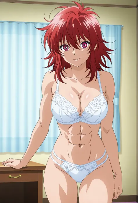 score 9、score 8 up、score 7 up、source anime、傑作、best quality、best resolution、best image quality、anime coloring、1girl、shouko、anime character with a white bra and white panty、solo、messy hair、medium hair、sidelocks hair、Hair between the eyes、hair floating、red ha...