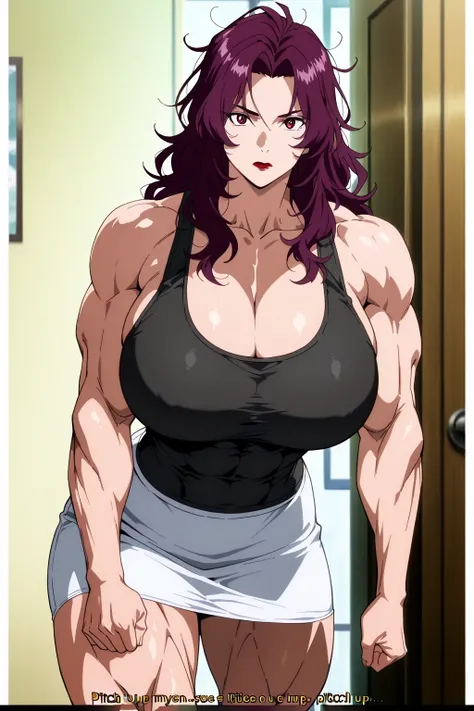 score 9 , score 8 up, score 7 up, source anime, 傑作, best quality, best image quality, best resolution, anime coloring, anime screencap, anime screenshot, 1woman, Close-up of a woman with long purple hair, muscular and strong, make up, messy hair, lipstick,...
