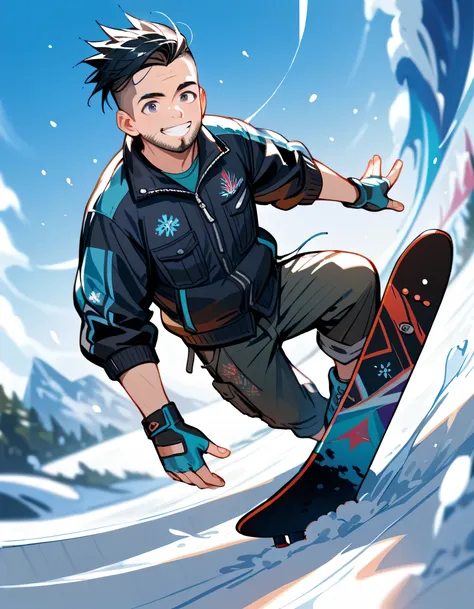 dutch angle, (dynamic jumping snowboard giant slalom pose), ski resort, slalom, flashy snowboarder's clothing and cargo pants, complex structure, snowboard, snowboarding down a steep slope, sliding,man,40years old,(The face of an old man with dignity),man'...