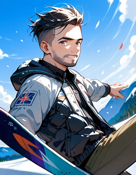 dutch angle,sideview, (dynamic jumping snowboard giant slalom pose), close up face,ski resort, slalom, flashy snowboarder's clothing and cargo pants, complex structure, snowboard, sliding,man,40years old,(The face of an old man with dignity),man's eyes,man...