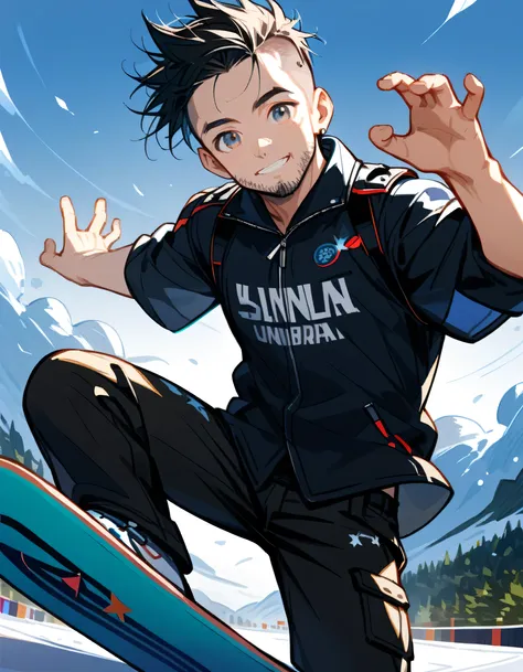 from below, (dynamic jumping snowboard giant slalom pose), looking at viewer,ski resort, slalom, flashy snowboarder's clothing and cargo pants, complex structure, sliding,man,40years old,(The face of an old man with dignity),man's eyes,man's nose,man's mou...