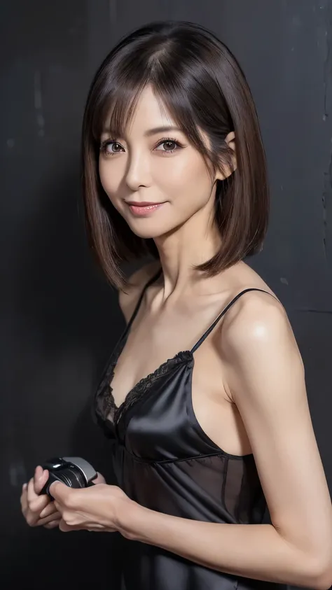 very detailed, masterpiece , Highest Quality, (( realistic)) 、((mature 55 year old Japanese middle-aged woman:1.3)) , beautiful detailed eyes 、natural makeup、(()), ( Slim, skinny body:1.6)、((light brown hair 、straight medium hair )), Elegant and sophi...