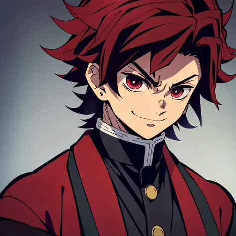 (best quality,highres,ultra-detailed),serious,anime style,demon slayer,boy,red eyes,red eyebrows,red/brown hair,Sanemi+Rengoku hair,black suit,simple background,smiling.