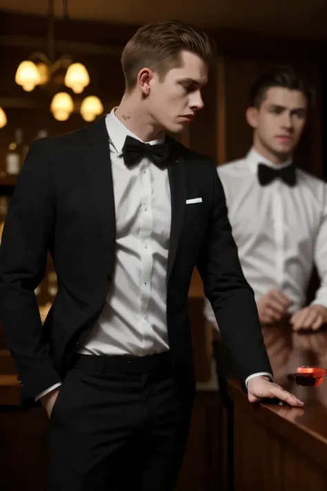 sexy male bartender, bartender with chiseled jawline and piercing blue eyes, wearing a crisp white dress shirt, slim-fit black pants, and a black bowtie, standing behind a sleek, polished mahogany bar, mixing a classic cocktail with confident, elegant move...