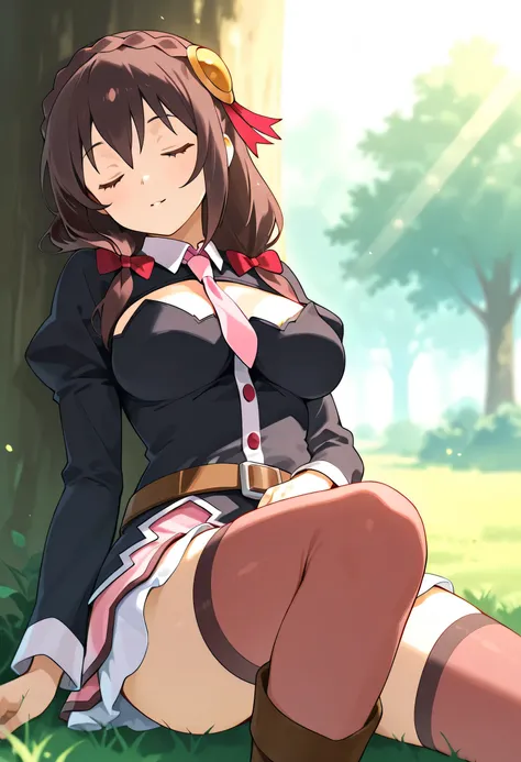 Yunyun konosuba,(lawn)、sunlight filtering through the trees、(sleeping holding my knee)、sleeping on my side、 Highest Quality、Thinning、happy sleeping face、thighs visible、Smile Yan