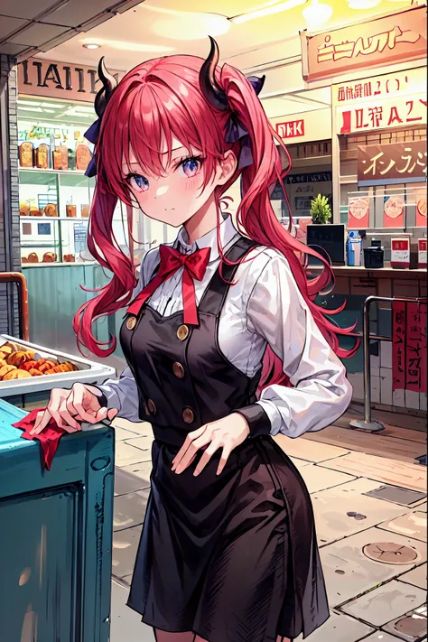 Convenience store in hell, midnight 12 o'clock，Opening in the middle of the night, moonlight，meteor、空から降り注ぐmeteor、無数のmeteor群，Shop in the woods，There is only 1 house out there，Lots of guests，1 girl，Tenteko Mai，demon girl，Four arms，and what lines up at the c...