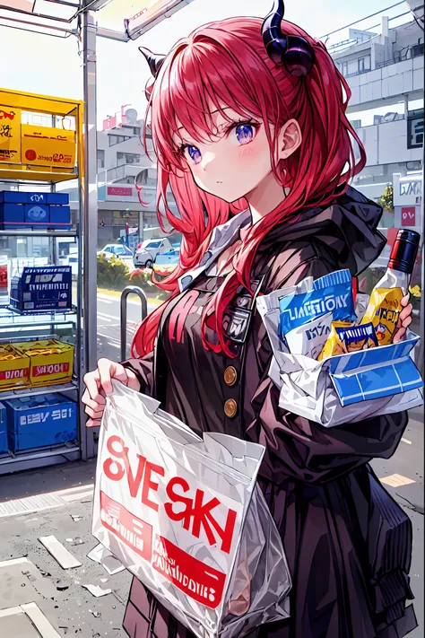 Convenience store in hell, midnight 12 o'clock，Opening in the middle of the night, moonlight，meteor、空から降り注ぐmeteor、無数のmeteor群，Shop in the woods，There is only 1 house out there，Lots of guests，1 girl，Tenteko Mai，demon girl，Four arms，and what lines up at the c...