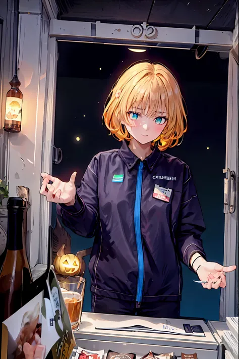 Convenience store in hell, midnight 12 o'clock，Opening in the middle of the night,dark interior， moonlight，meteor、空から降り注ぐmeteor、無数のmeteor群，Shop in the woods，There is only 1 house out there，Lots of guests，Halloween Night，Cosplay Group，1 girl，Tenteko Mai，dem...