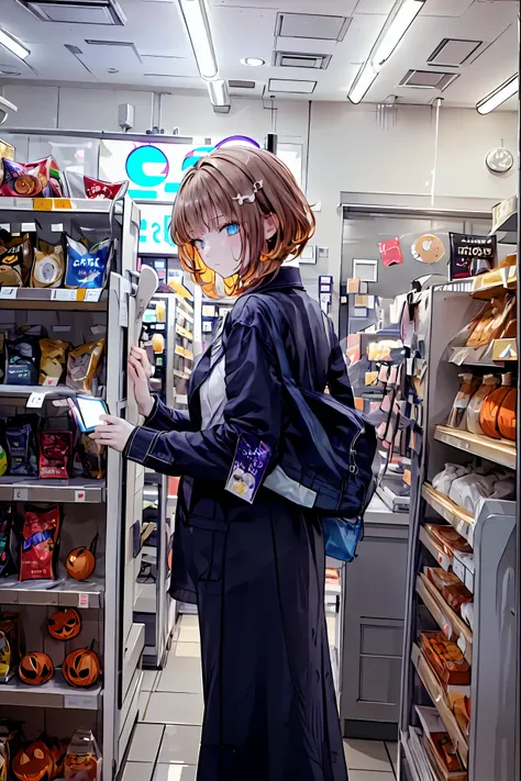 Convenience store in hell, midnight 12 o'clock，Opening in the middle of the night,dark interior， moonlight，meteor、空から降り注ぐmeteor、無数のmeteor群，Shop in the woods，There is only 1 house out there，Lots of guests，Halloween night，Cosplay Group，1 girl，Tenteko Mai，dem...