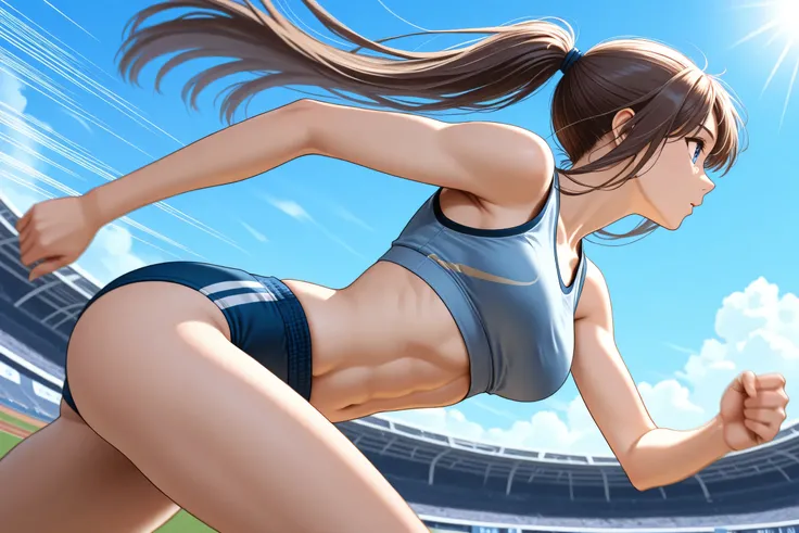 1girl, muted blue eyes, brown long straight hair, ponytail, sports bra, sleeveless, crop top, abdominals, buruma, leaning forward, running, from below, horizontal speed lines, profile, from side, floating hair, wind, motion blur on background, sunshine, su...