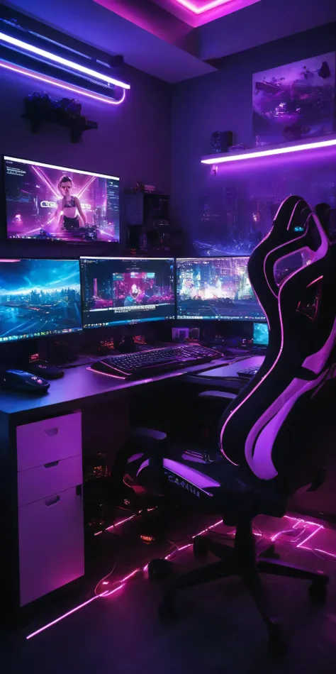 close-up image of a desk with a computer on it, gaming room, estetika gamer, gaming room in 2 0 4 0, indoors cyberpunk themed room,  bertema , purple and cyan lighting, setting cyberpunk, cool purple lighting, black light aesthetics, blue and purple lighti...